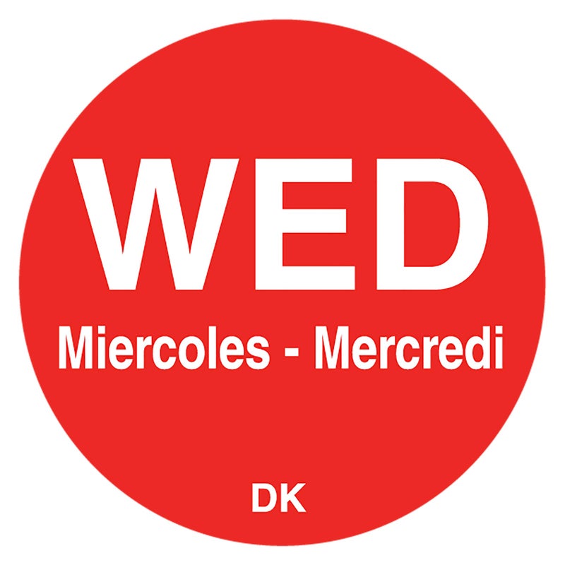DayMark Safety Systems DuraMark IT110059-3-WED Day of The Week Trilingual Permanent Label, Wednesday, 3/4" Circle, Red (Roll of 2000) - Image 2